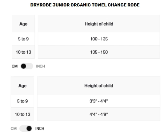 2026 Dryrobe Junior Organic Towel Changing Robe  Size Chart